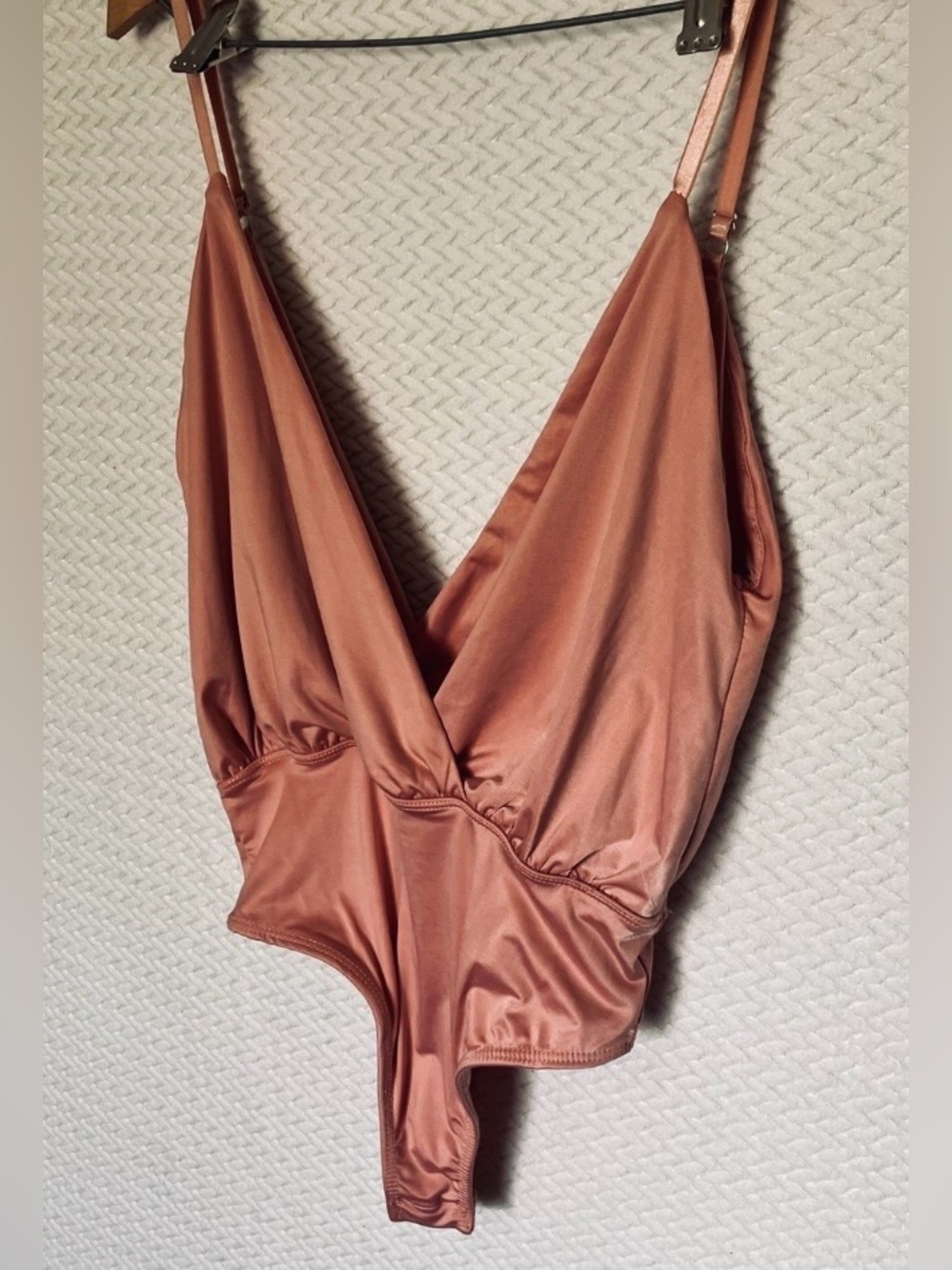 Revamped Dusty Rose Satin Surplice Bodysuit Thong Snap Bottom Women XS